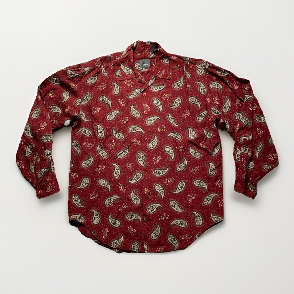 Vintage Lizwear Paisley Shirt Size S Red Long Sleeve Boho Western 80s Artsy Prep